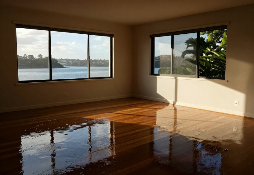 Flooded living room in a North Sydney apartment before restoration